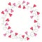 Bright Colorful Valentine`s Day Holiday Intertwined Heart Shape String Lights on White Background Round Frame