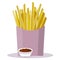 Bright and colorful vector image of a package with French fries. ruddy pieces of fried french fries and a small saucepan with