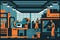 Bright and colorful vector style illustration of a busy plastics manufacturing plant with conveyor belts, cranes, and workers