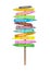 Bright colorful wooden directional beach signs with text on pole