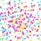 Bright colorful yellow red and blue confetti layout. Festive graphic vivid falling circle particle dust template. Holiday