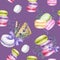 Bright colors Macarons cake Watercolor seamless pattern on purple background with lavender flowers. Colorful sweet