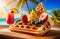 bright colourful dessert with freshly done waffle and fresh fruits on tropical background