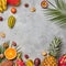 Bright composition of different exotic fruits and palm green leaves on a gray concrete background with copy space. Food