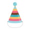 Bright cone hat with stripes. Colorful accessory for Birthday party.