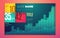 Bright contrast colors infographic set with progress chart, boxes, text and numbers.