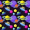 Bright cosmic seamless pattern background with funny cartoon ufo and planets in open space