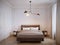 Bright and cozy modern bedroom interior design with white walls, plaster moldings on the walls, and large window