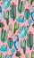 Bright cute beautiful abstract lovely mexican tropical floral herbal summer green cactus paint like child on pink background vecto