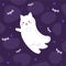 Bright, cute, cartoon illustration of a ghost cat and bats