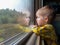 A bright, cute three-year-old boy riding a train looks out the window, behind which a dull landscape sweeps through.