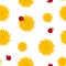 Bright Dandelion yellow flowers with red ladybugs seamless pattern. Spring or summer floral pattern on white background