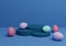Bright, dark, pastel blue 3D rendering of Easter themed product display podium or stand composition with colorful eggs minimal,