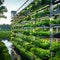 Bright daytime view of vertical farm exterior, emphasizing innovative farming