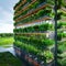 Bright daytime view of vertical farm exterior, emphasizing innovative farming