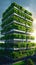 Bright daytime view of vertical farm exterior, emphasizing innovative farming