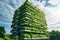 Bright daytime view of vertical farm exterior, emphasizing innovative farming