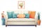 bright decorative pillows atop a plain grey loveseat