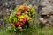 Bright design bouquet of pink roses and yellow chrysanthemums