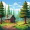 Bright And Detailed Cartoon Forest Cabin With Path