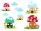 Bright different types of mushrooms set. Card in cartoon style