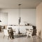 Bright dining room interior with empty wall, four armchairs