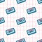 Bright disco seamless pattern with cassette ornament. White background with pink check