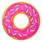 Bright doughnut with pink glaze and sprinkles. No diet day symbol, unhealthy food, sweet fastfood, sugar snack, extra