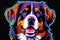 Bright drawing of a dog, bernese mountain dog, on a T-shirt on a dark background. Satirical, pop art style, vibrant