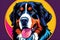 Bright drawing of dog, bernese mountain dog, on T-shirt on dark background. Satirical, pop art style, vibrant colors