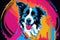 Bright drawing of a dog, border collie, on a T-shirt on a dark background. Satirical, pop art style, vibrant colors