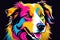 Bright drawing of a dog, collie, on a T-shirt on a dark background. Satirical, pop art style, vibrant colors, iconic