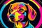 Bright drawing of dog, dachshund, on T-shirt on dark background. Satirical, pop art style, vibrant colors, iconic