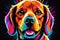 Bright drawing of a dog, dachshundakita, on T-shirt on a dark background. Satirical, pop art style, vibrant colors