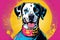 Bright drawing of dog, dalmatian, on T-shirt on dark background. Satirical, pop art style, vibrant colors, iconic