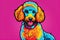Bright drawing of a dog, poodle, on a T-shirt on a dark background. Satirical, pop art style, vibrant colors, iconic