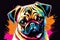 Bright drawing of a dog, Pug, on a T-shirt on a dark background. Satirical, pop art style, vibrant colors, iconic