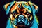 Bright drawing of a dog, Pug, on a T-shirt on a dark background. Satirical, pop art style, vibrant colors, iconic