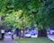 Bright-dusk bike ride nder the canopy of beautiful street trees