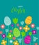 Bright Easter card. Happy easter card with lettering quote with bright flowers with abstract eggs
