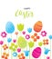 Bright Easter card. Happy easter card with lettering quote with bright flowers with abstract eggs