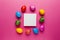 Bright easter eggs with copy space for text on pink background. Retro colorful spring decoration