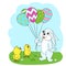 Bright Easter picture with a rabbit, balloons and cute curious chickens.