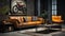 Bright eclectic living room interior in loft style. Dark gray walls, vintage brown leather sofa and armchair, coffee