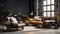 Bright eclectic living room interior in loft style. Gray concrete walls, vintage leather sofa and armchair, several