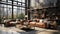 Bright eclectic living room interior in loft style. Gray concrete walls, vintage leather sofas, coffee table