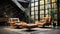 Bright eclectic living room interior in luxury cottage. Dark gray walls, vintage leather armchairs and ottoman, plants