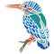 Bright exotic bird Kingfisher sitting on a branch, silhouette drawn by various lines in a flat style. Tattoo bird, logo, emblem