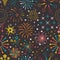 Bright explosions fireworks seamless pattern. Yellow flares on dark sky with blue stars joyful green party festive