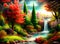 Bright fabulous forest landscape in autumn colors by the river.
